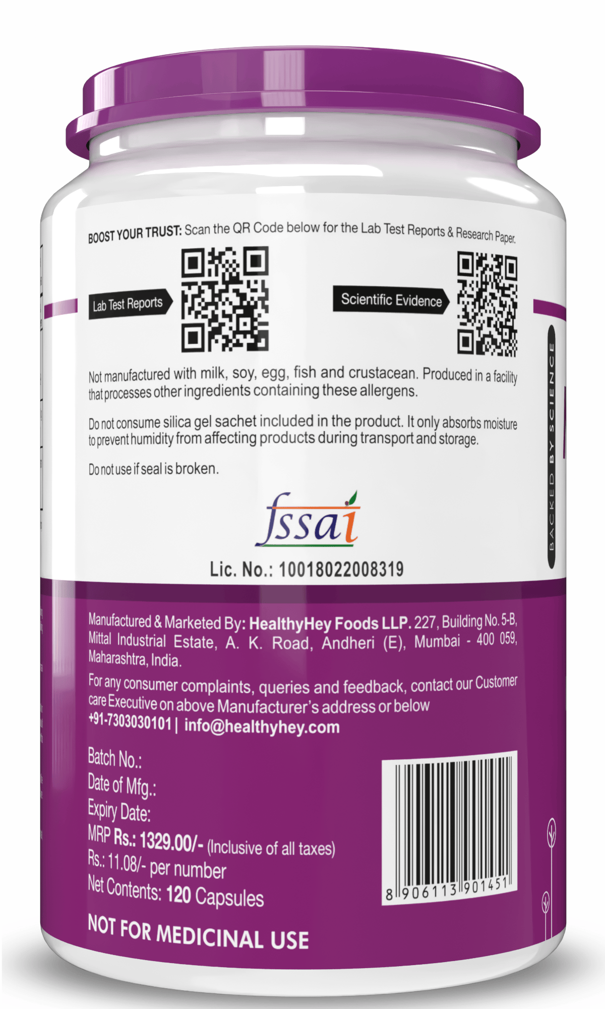 HealthyHey Nutrition Capsule Magnesium Aspartate,Support Muscle & Kidney Health -120 Veg Capsules