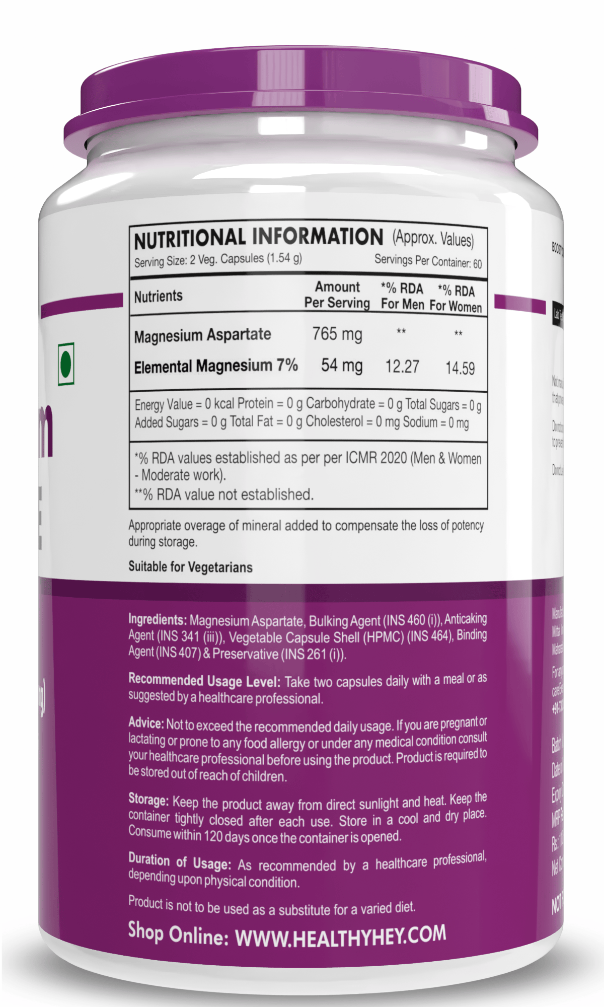 HealthyHey Nutrition Capsule Magnesium Aspartate,Support Muscle & Kidney Health -120 Veg Capsules