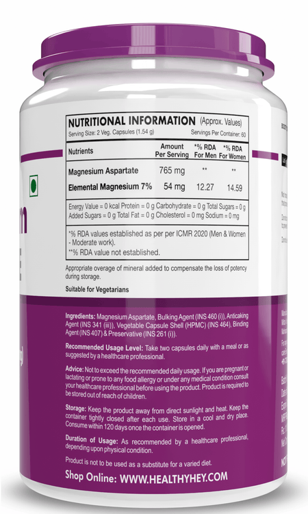 HealthyHey Nutrition Capsule Magnesium Aspartate,Support Muscle & Kidney Health -120 Veg Capsules