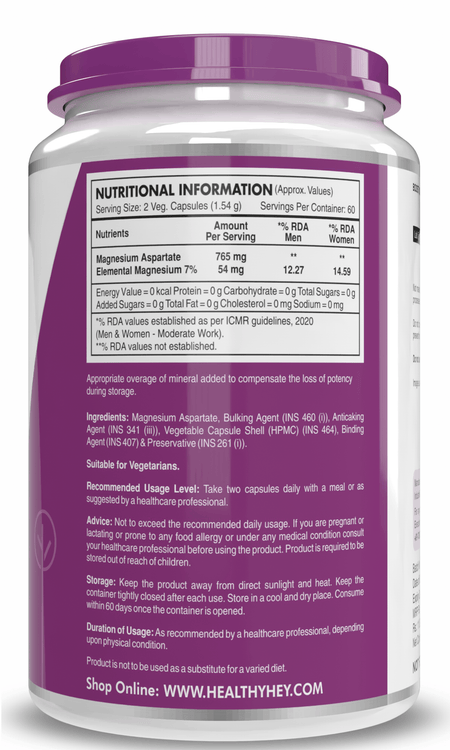 HealthyHey Nutrition Capsule Magnesium Aspartate,Support Muscle & Kidney Health -120 Veg Capsules