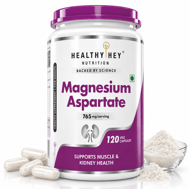 HealthyHey Nutrition Capsule Magnesium Aspartate,Support Muscle & Kidney Health -120 Veg Capsules