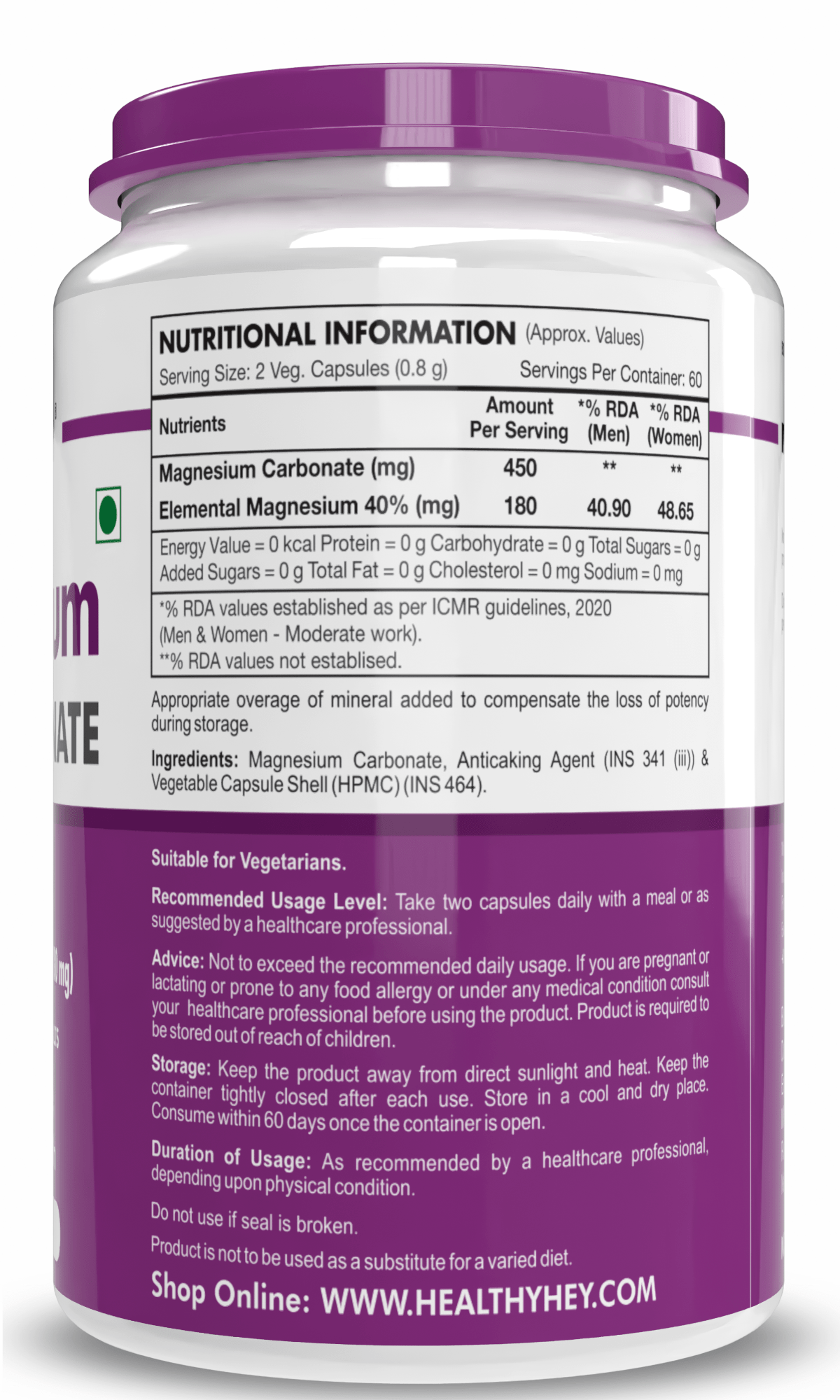 HealthyHey Nutrition Capsule Magnesium Carbonate support digestive, bone & heart health 120 Veg Capsules