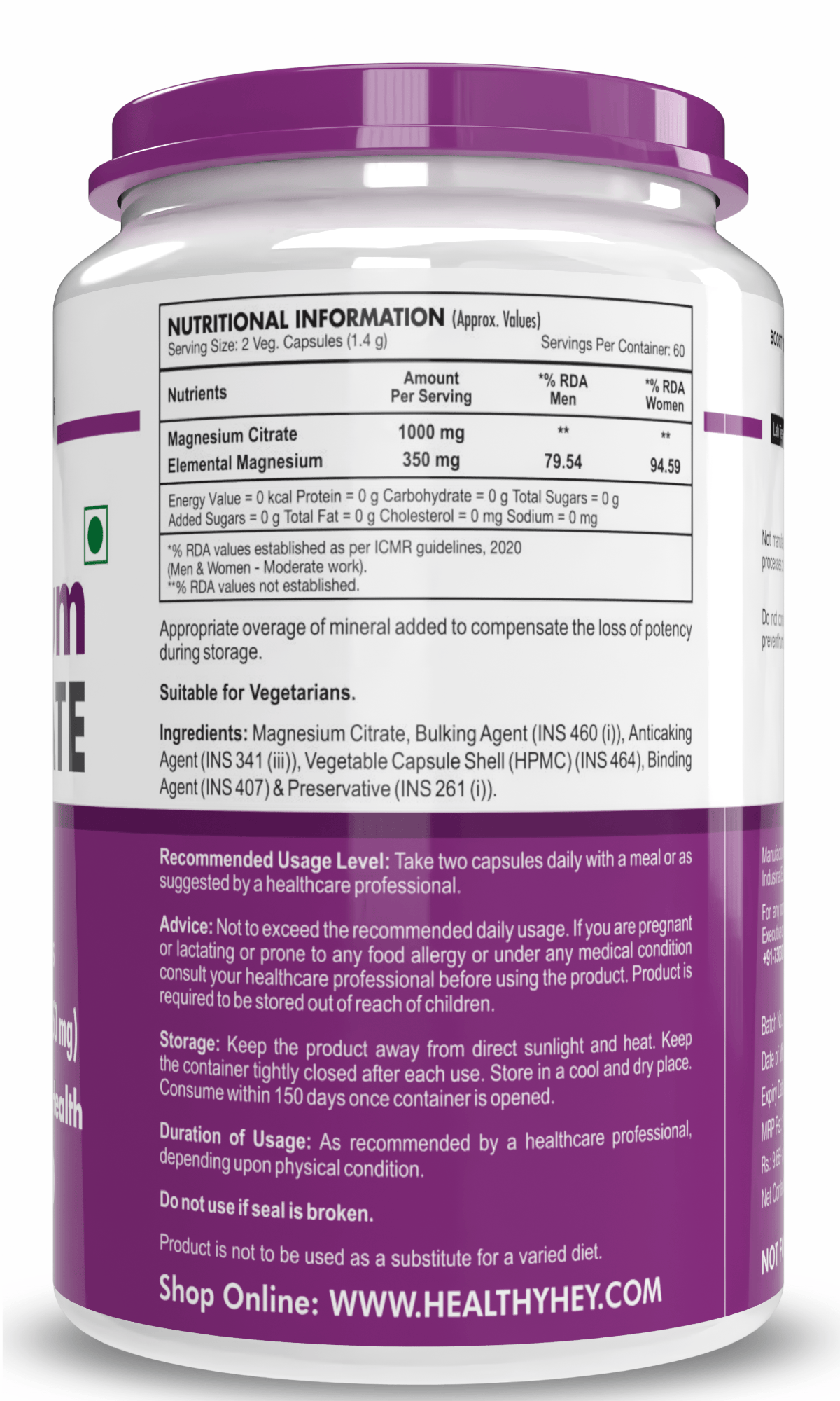 HealthyHey Nutrition Capsule Magnesium Citrate 120 Vegetable Capsules - Supports Bone Health, Energy, and Muscle Function