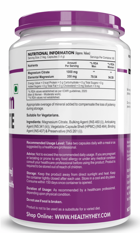 HealthyHey Nutrition Capsule Magnesium Citrate 120 Vegetable Capsules - Supports Bone Health, Energy, and Muscle Function