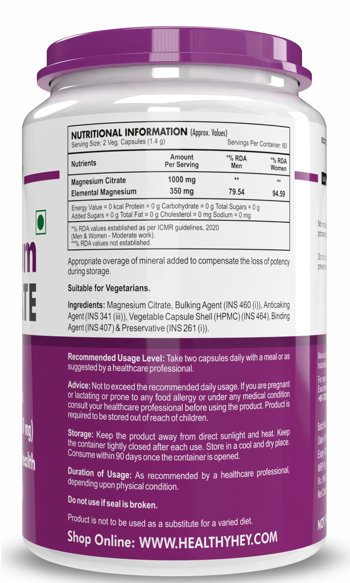 HealthyHey Nutrition Capsule Magnesium Citrate 120 Vegetable Capsules - Supports Bone Health, Energy, and Muscle Function