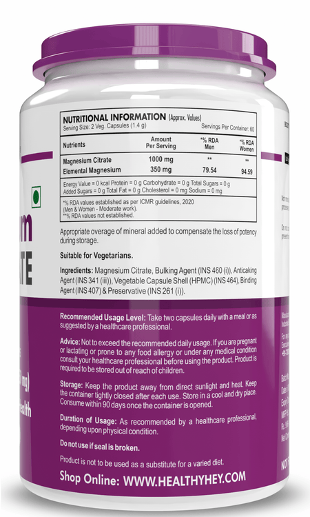 HealthyHey Nutrition Capsule Magnesium Citrate 120 Vegetable Capsules - Supports Bone Health, Energy, and Muscle Function