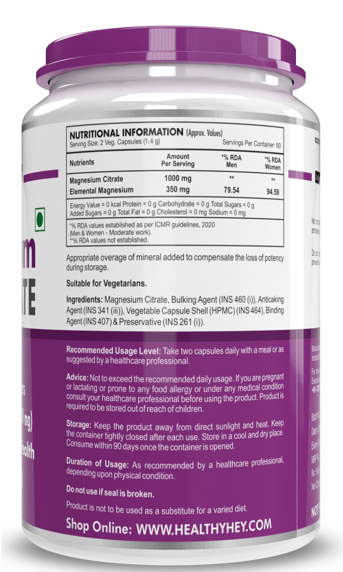 HealthyHey Nutrition Capsule Magnesium Citrate 120 Vegetable Capsules - Supports Bone Health, Energy, and Muscle Function