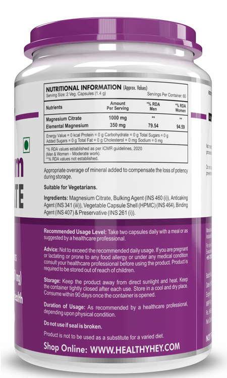 HealthyHey Nutrition Capsule Magnesium Citrate 120 Vegetable Capsules - Supports Bone Health, Energy, and Muscle Function