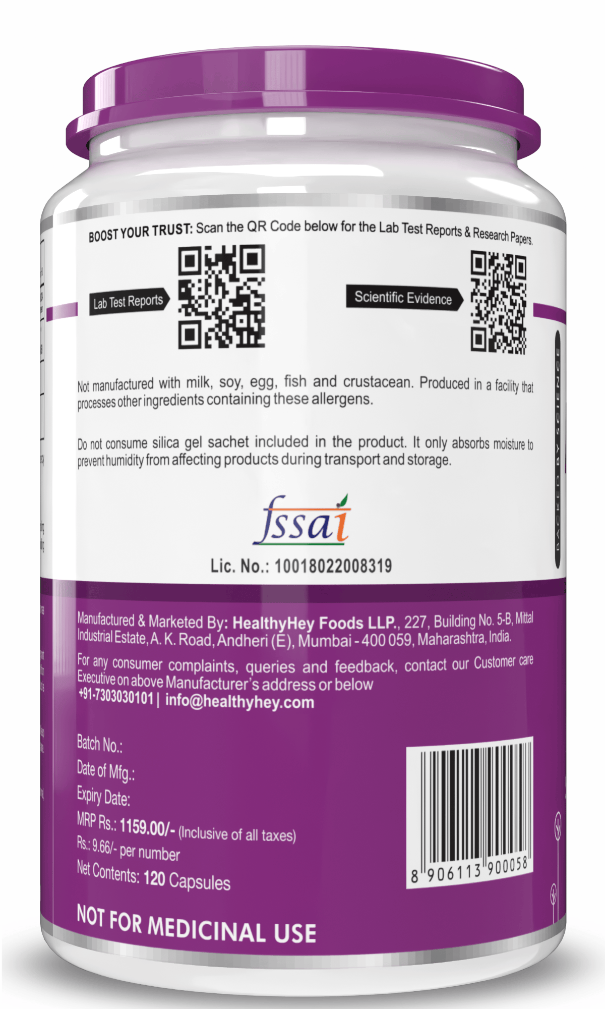 HealthyHey Nutrition Capsule Magnesium Citrate 120 Vegetable Capsules - Supports Bone Health, Energy, and Muscle Function