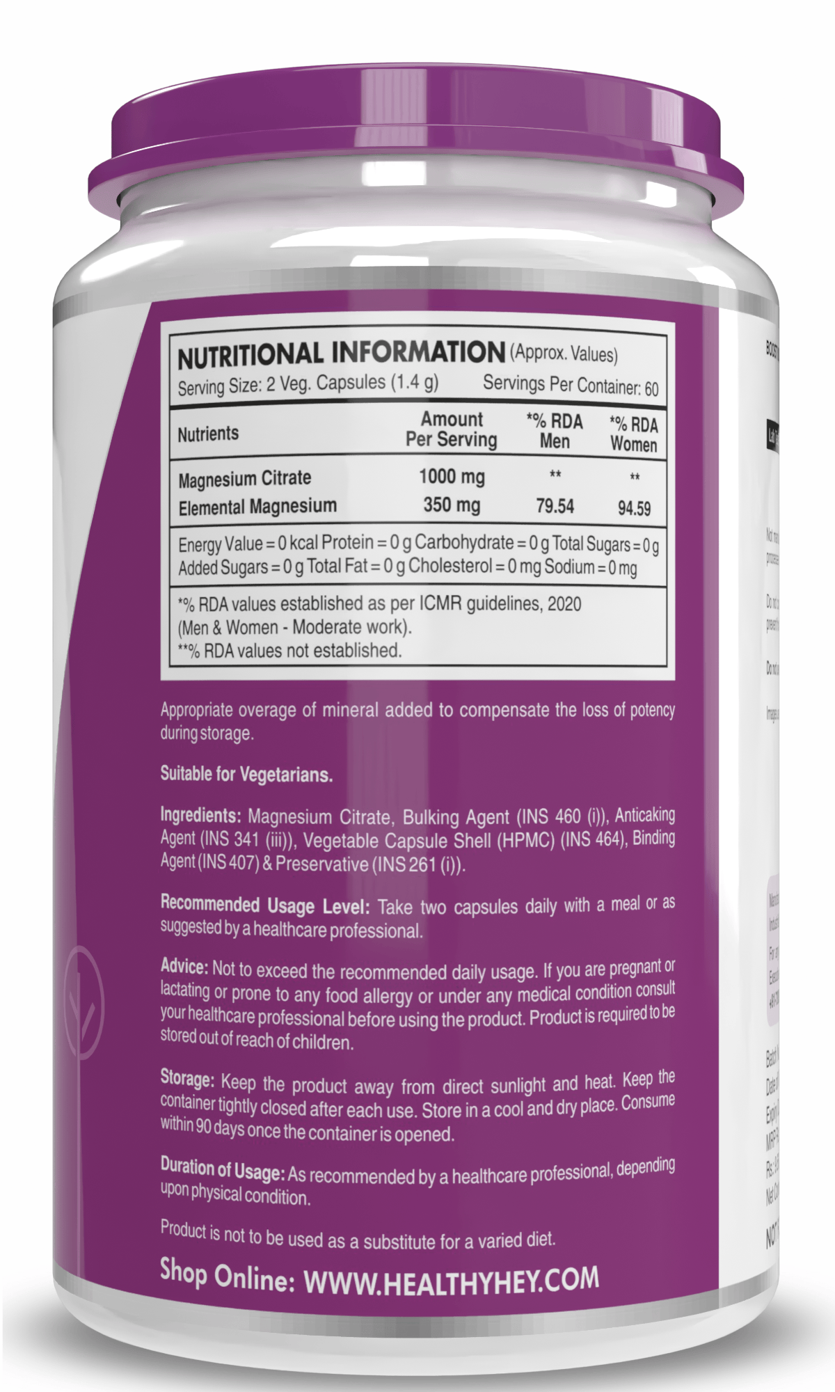 HealthyHey Nutrition Capsule Magnesium Citrate 120 Vegetable Capsules - Supports Bone Health, Energy, and Muscle Function