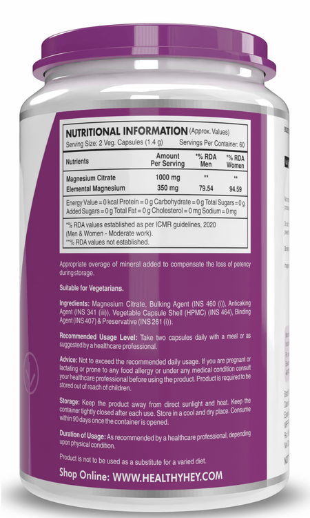 HealthyHey Nutrition Capsule Magnesium Citrate 120 Vegetable Capsules - Supports Bone Health, Energy, and Muscle Function
