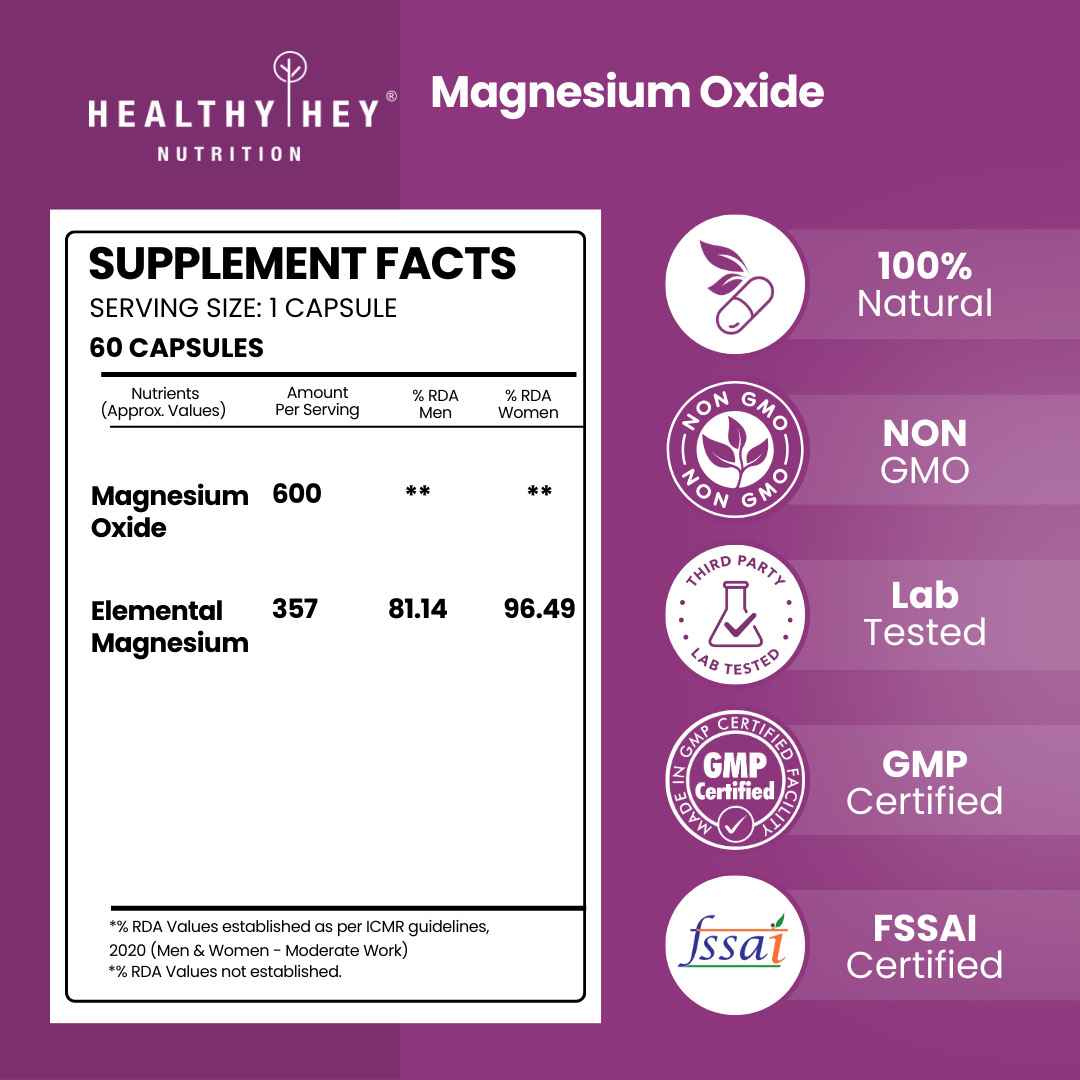 HealthyHey Nutrition Capsule Magnesium Oxide support bone health, helps manage constipation and muscle cramps 60 veg capsules