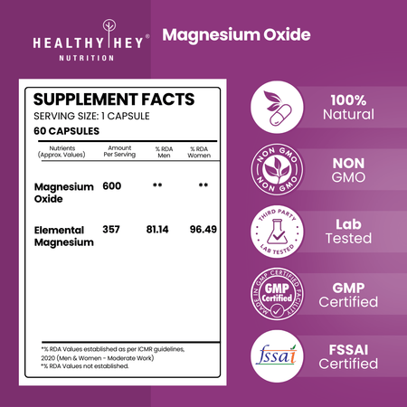 HealthyHey Nutrition Capsule Magnesium Oxide support bone health, helps manage constipation and muscle cramps 60 veg capsules