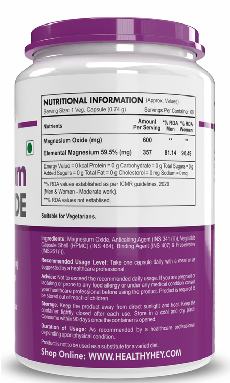 HealthyHey Nutrition Capsule Magnesium Oxide support bone health, helps manage constipation and muscle cramps 60 veg capsules