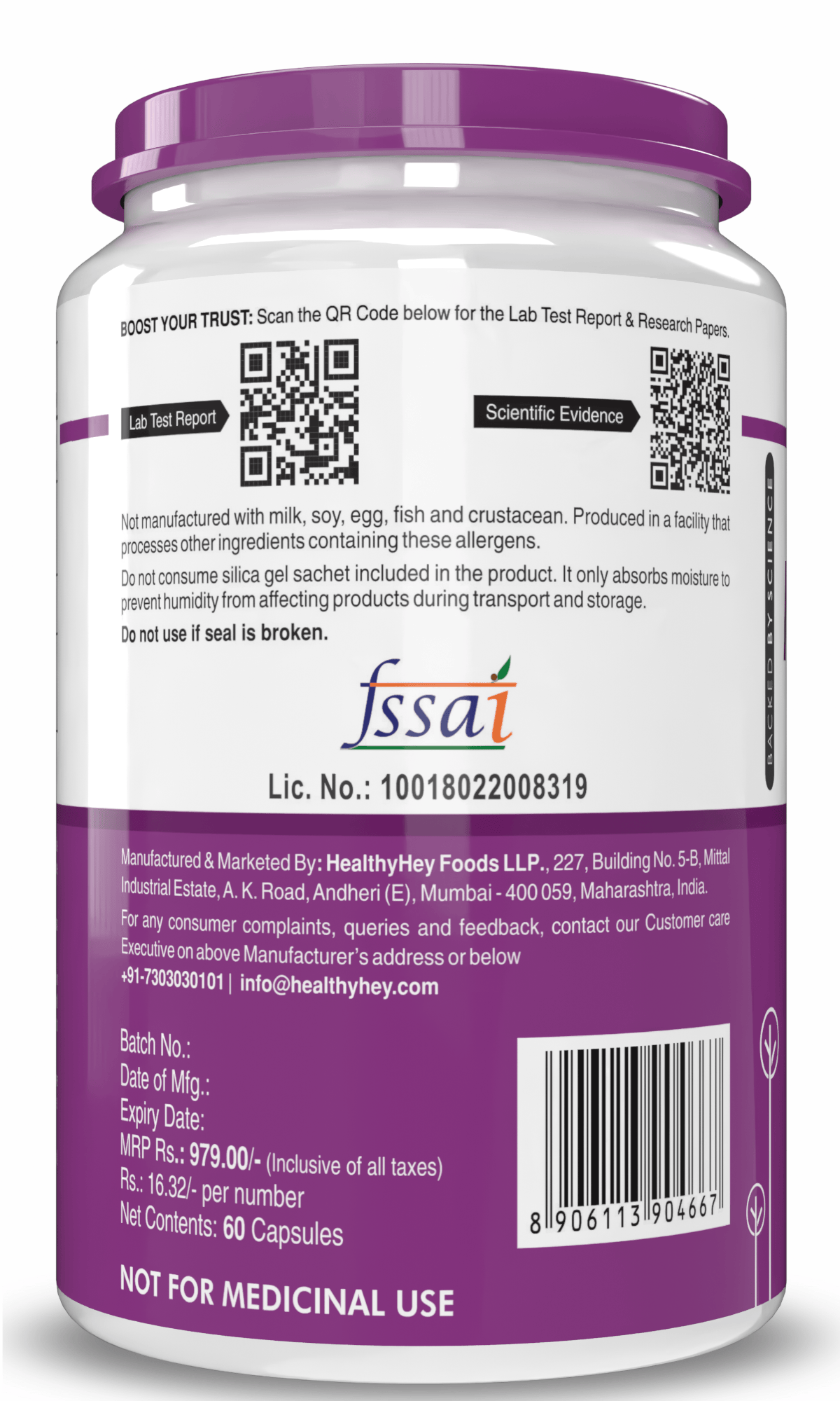 HealthyHey Nutrition Capsule Magnesium Oxide support bone health, helps manage constipation and muscle cramps 60 veg capsules