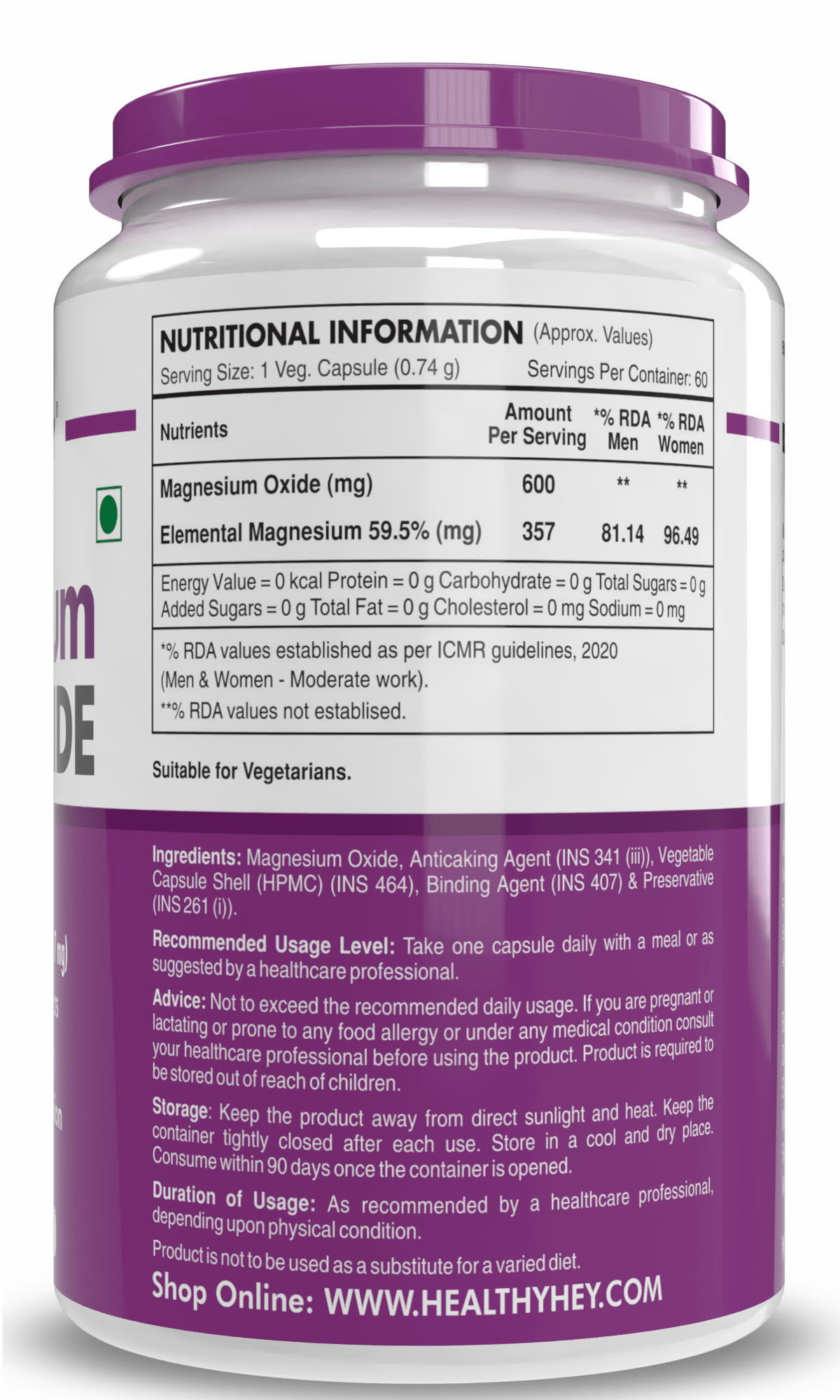 HealthyHey Nutrition Capsule Magnesium Oxide support bone health, helps manage constipation and muscle cramps 60 veg capsules