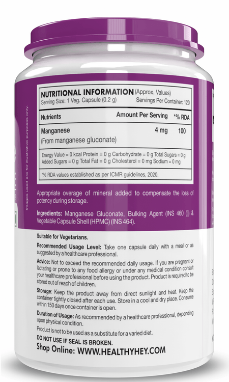 HealthyHey Nutrition Capsule Manganese Gluconate - Hypoallergenic Trace Mineral Supplement for Connective Tissue and Bones - 120 Capsules