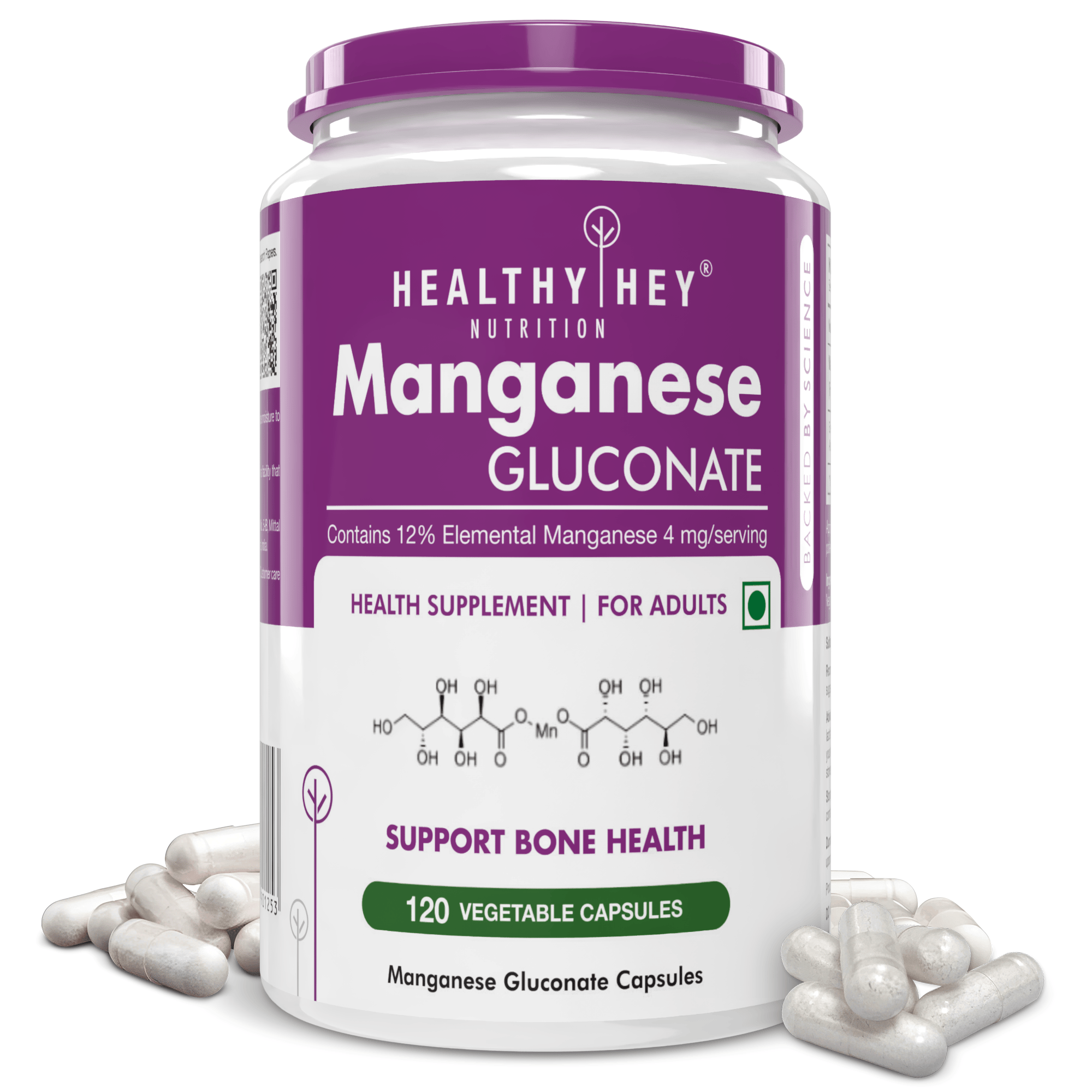 HealthyHey Nutrition Capsule Manganese Gluconate - Hypoallergenic Trace Mineral Supplement for Connective Tissue and Bones - 120 Capsules