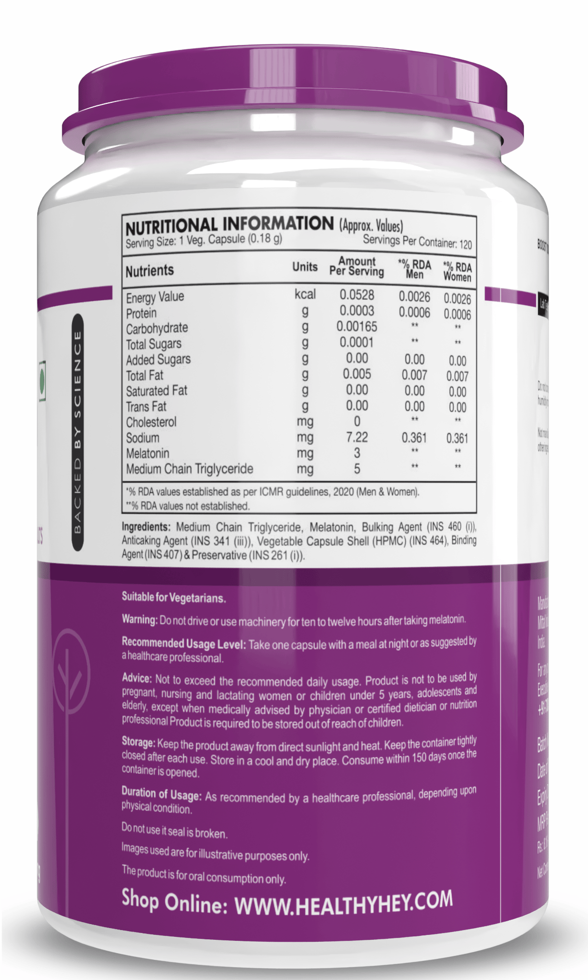 HealthyHey Nutrition Capsule Melatonin, support healthy 120 veg capsules -Promotes Sleep and Relaxation