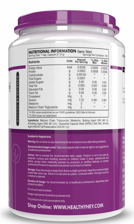 HealthyHey Nutrition Capsule Melatonin, support healthy 120 veg capsules -Promotes Sleep and Relaxation
