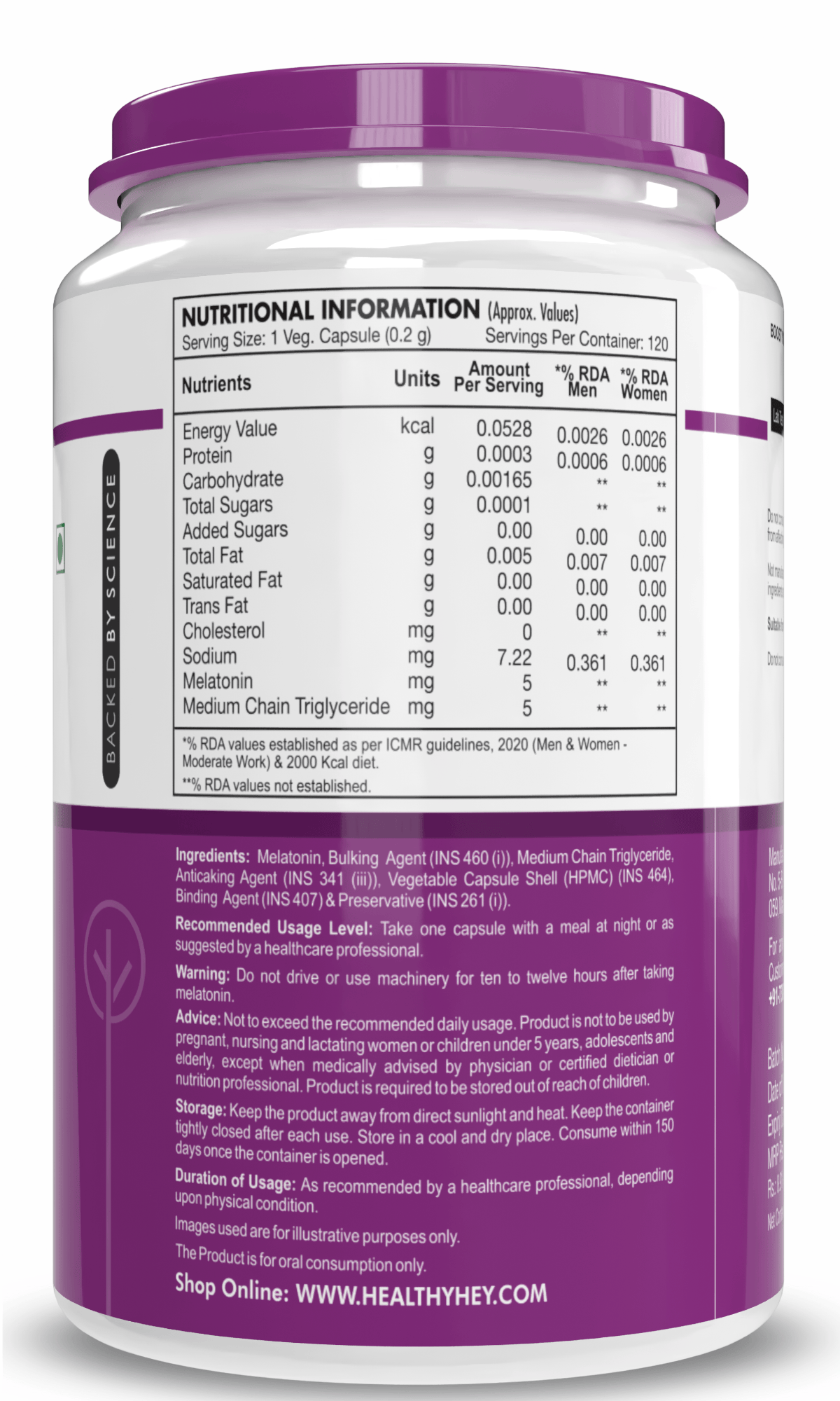 HealthyHey Nutrition Capsule Melatonin, support healthy 120 veg capsules -Promotes Sleep and Relaxation