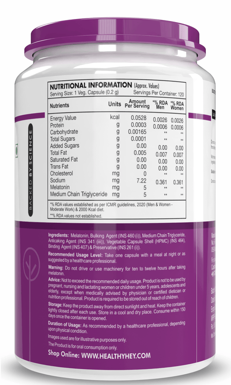 HealthyHey Nutrition Capsule Melatonin, support healthy 120 veg capsules -Promotes Sleep and Relaxation