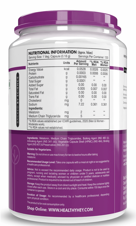 HealthyHey Nutrition Capsule Melatonin, support healthy 120 veg capsules -Promotes Sleep and Relaxation