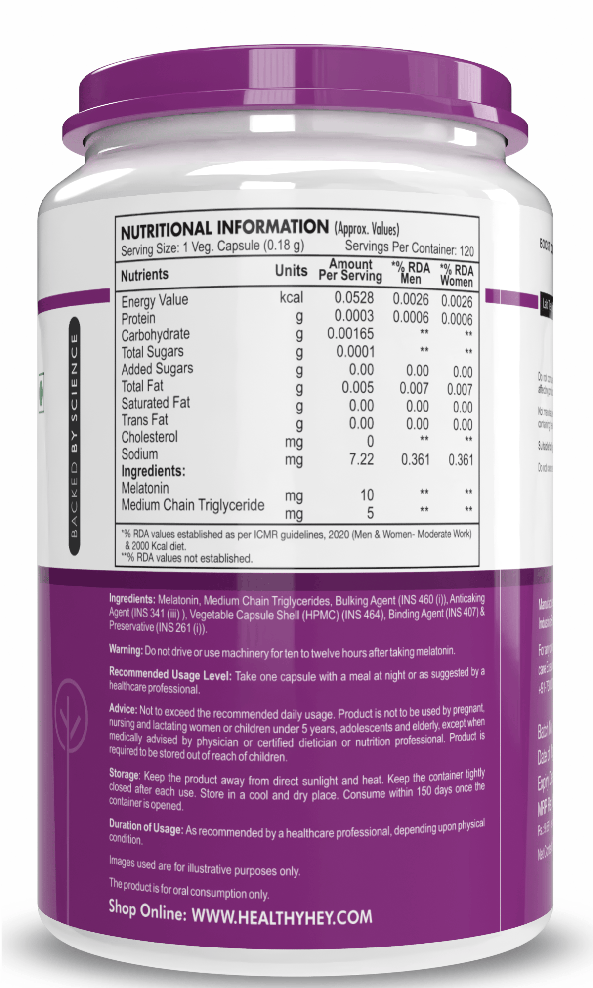 HealthyHey Nutrition Capsule Melatonin, support healthy 120 veg capsules -Promotes Sleep and Relaxation