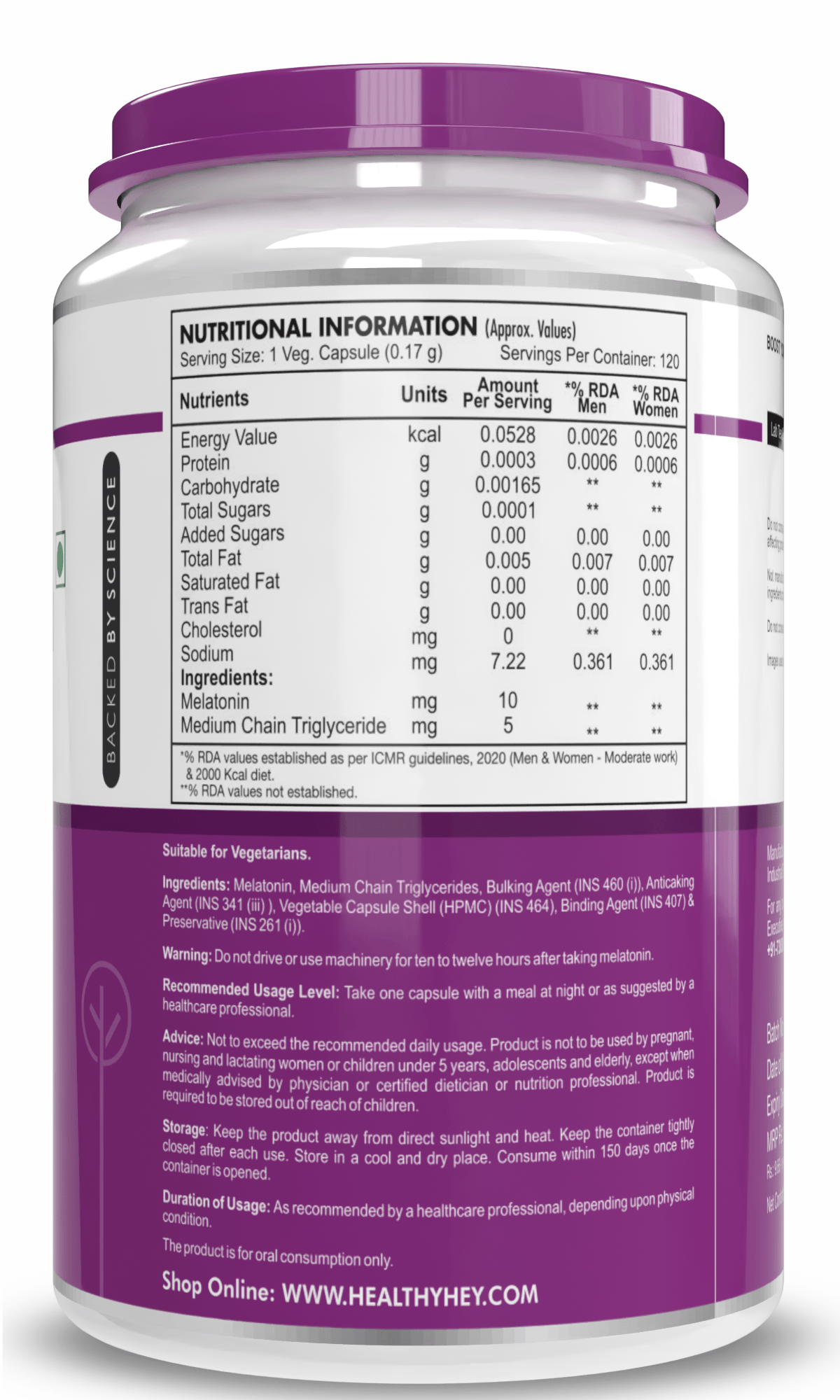 HealthyHey Nutrition Capsule Melatonin, support healthy 120 veg capsules -Promotes Sleep and Relaxation