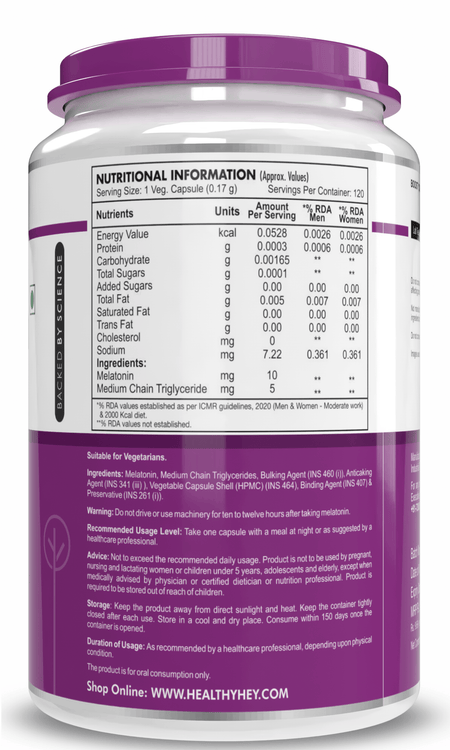 HealthyHey Nutrition Capsule Melatonin, support healthy 120 veg capsules -Promotes Sleep and Relaxation