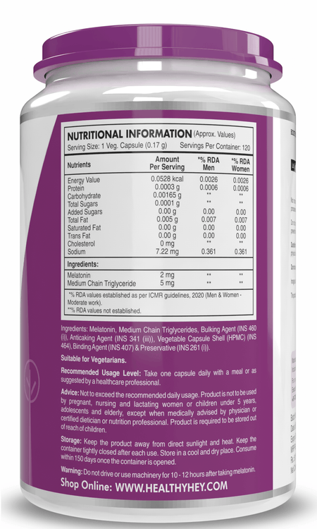 HealthyHey Nutrition Capsule Melatonin, support healthy 120 veg capsules -Promotes Sleep and Relaxation