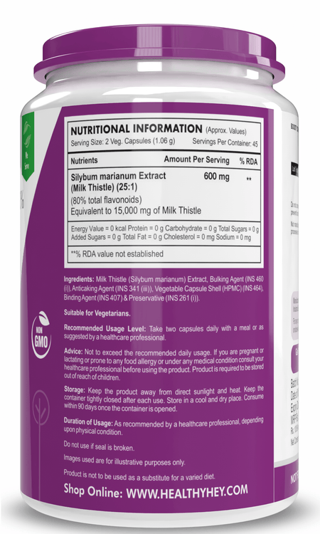 HealthyHey Nutrition Capsule Milk Thistle Supplement 600mg Extract - Supports Liver Health and Antioxidant (Silymarin)