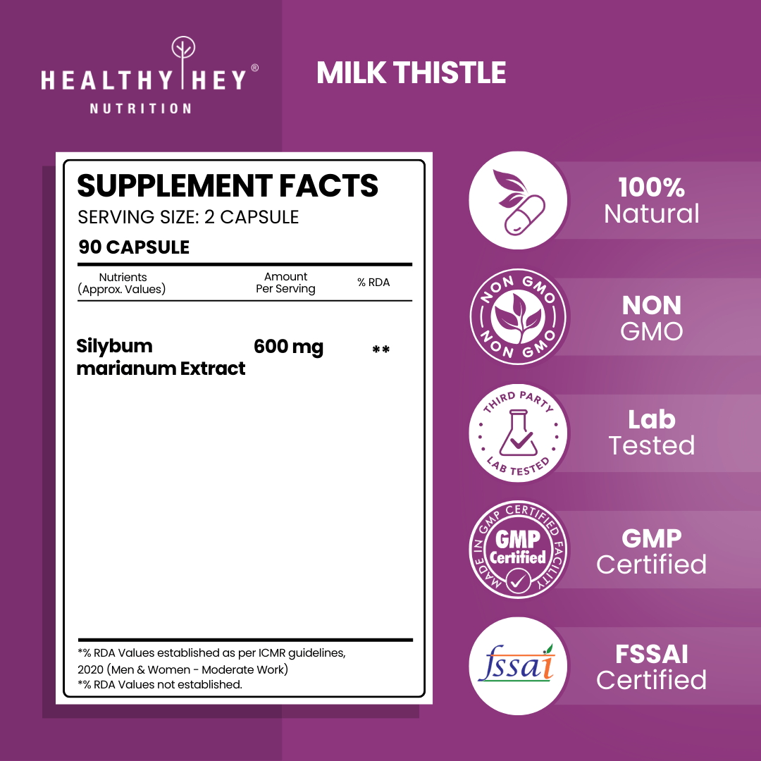 HealthyHey Nutrition Capsule Milk Thistle Supplement 600mg Extract - Supports Liver Health and Antioxidant (Silymarin)