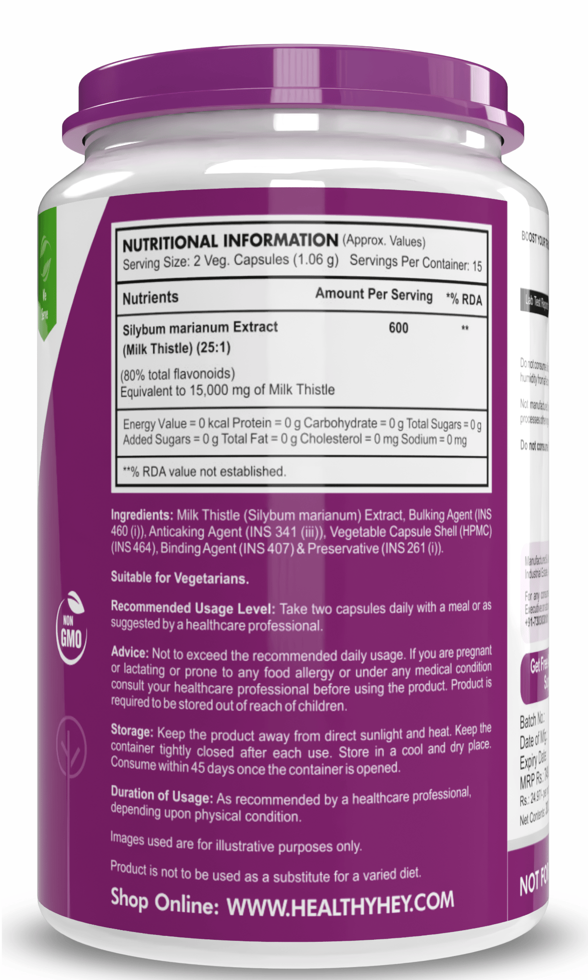 HealthyHey Nutrition Capsule Milk Thistle Supplement 600mg Extract - Supports Liver Health and Antioxidant (Silymarin)