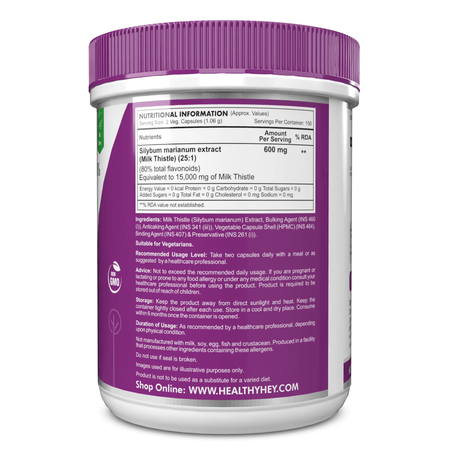 HealthyHey Nutrition Capsule Milk Thistle Supplement 600mg Extract - Supports Liver Health and Antioxidant (Silymarin)
