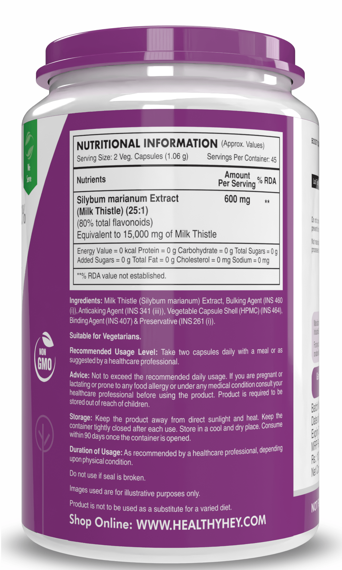 HealthyHey Nutrition Capsule Milk Thistle Supplement 600mg Extract - Supports Liver Health and Antioxidant (Silymarin)
