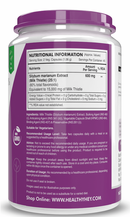 HealthyHey Nutrition Capsule Milk Thistle Supplement 600mg Extract - Supports Liver Health and Antioxidant (Silymarin)