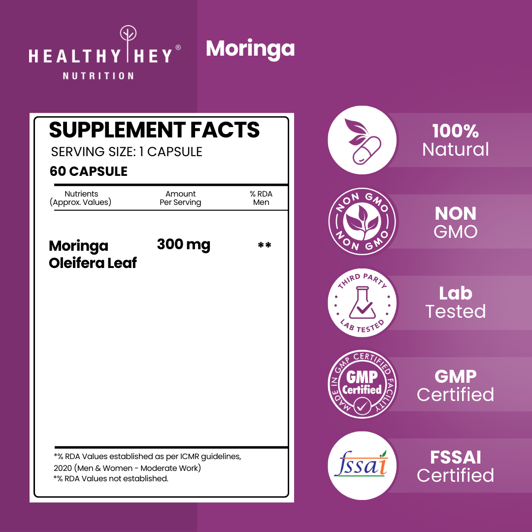 HealthyHey Nutrition Capsule Moringa Extract, Support Healthy Sugar, Levels Natural Antioxidant 10:1-300mg - 60 Veg Capsules