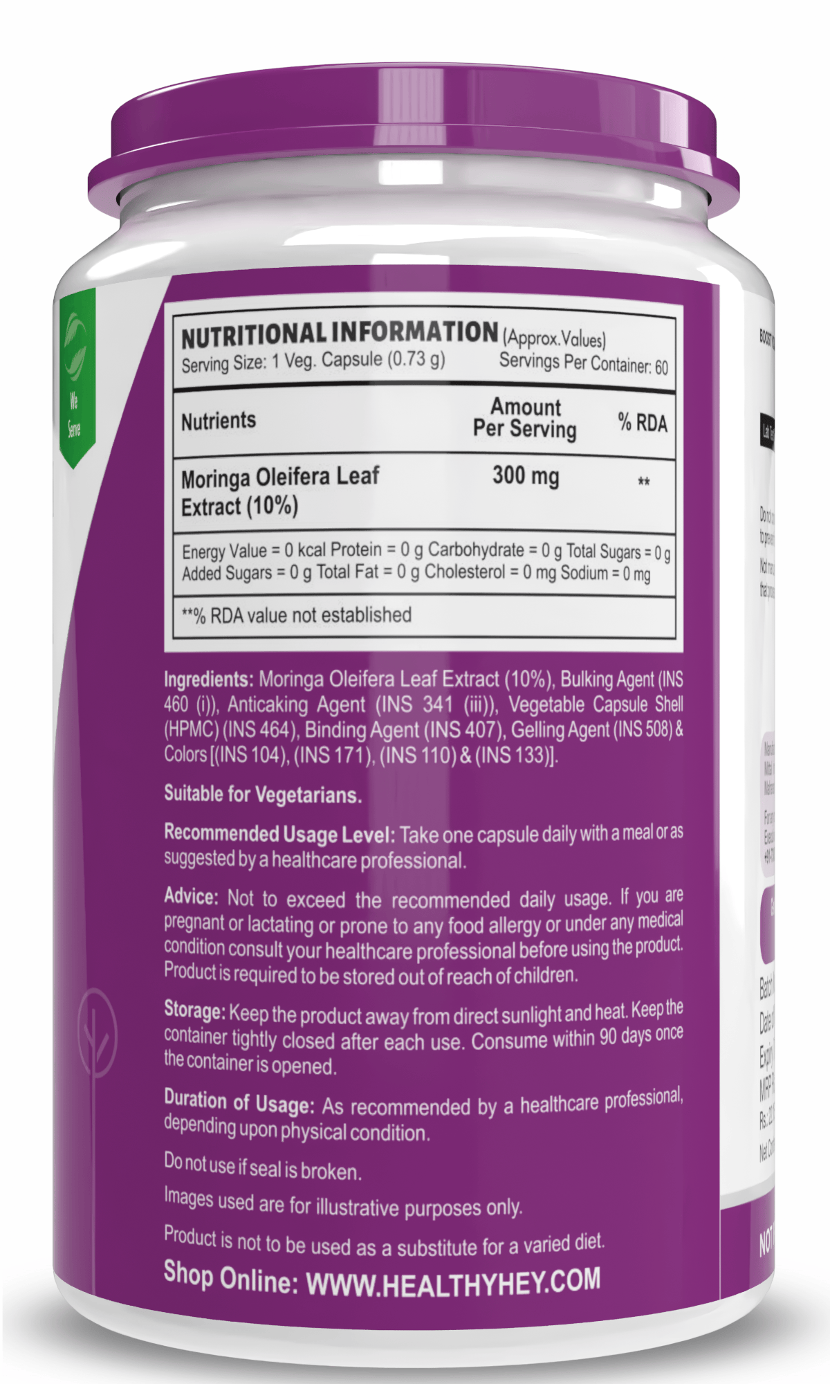 HealthyHey Nutrition Capsule Moringa Extract, Support Healthy Sugar, Levels Natural Antioxidant 10:1-300mg - 60 Veg Capsules