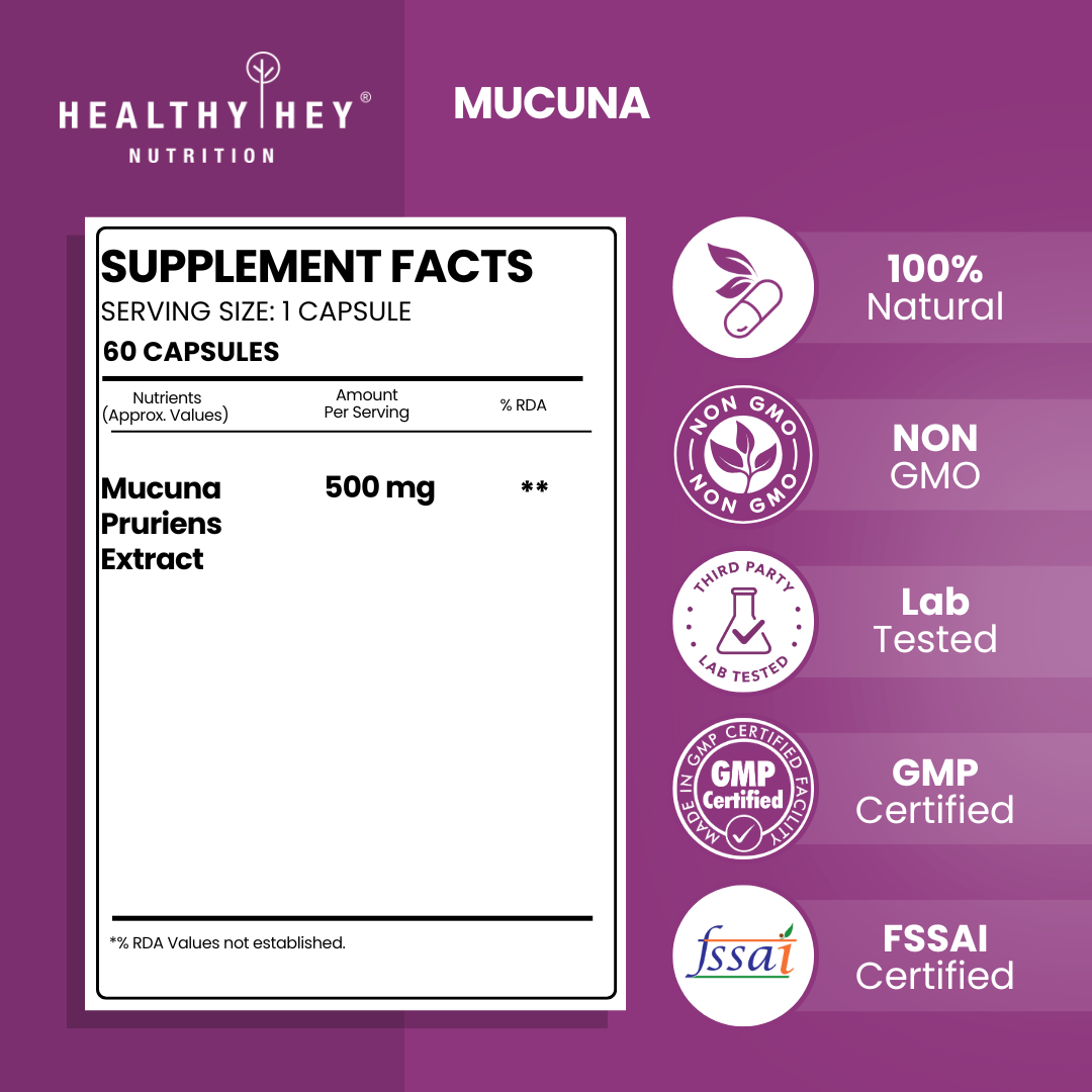 HealthyHey Nutrition Capsule Mucuna Pruriens Extract,Supports cognitive Health - For Mood and Motivation Support 60 Veg. Capsules