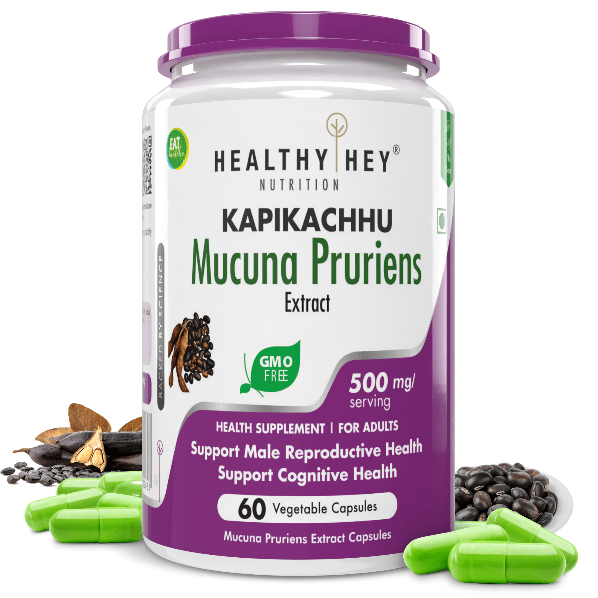 HealthyHey Nutrition Capsule Mucuna Pruriens Extract,Supports cognitive Health - For Mood and Motivation Support 60 Veg. Capsules