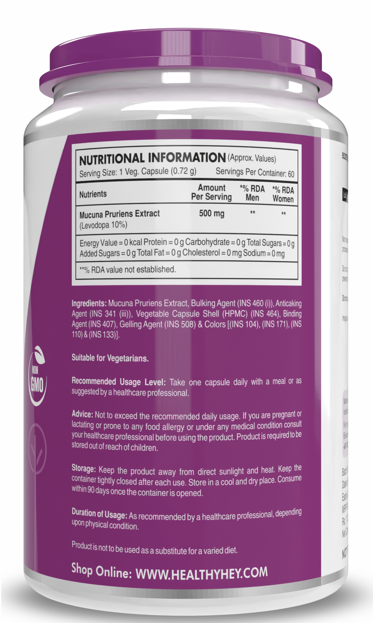 HealthyHey Nutrition Capsule Mucuna Pruriens Extract,Supports cognitive Health - For Mood and Motivation Support 60 Veg. Capsules