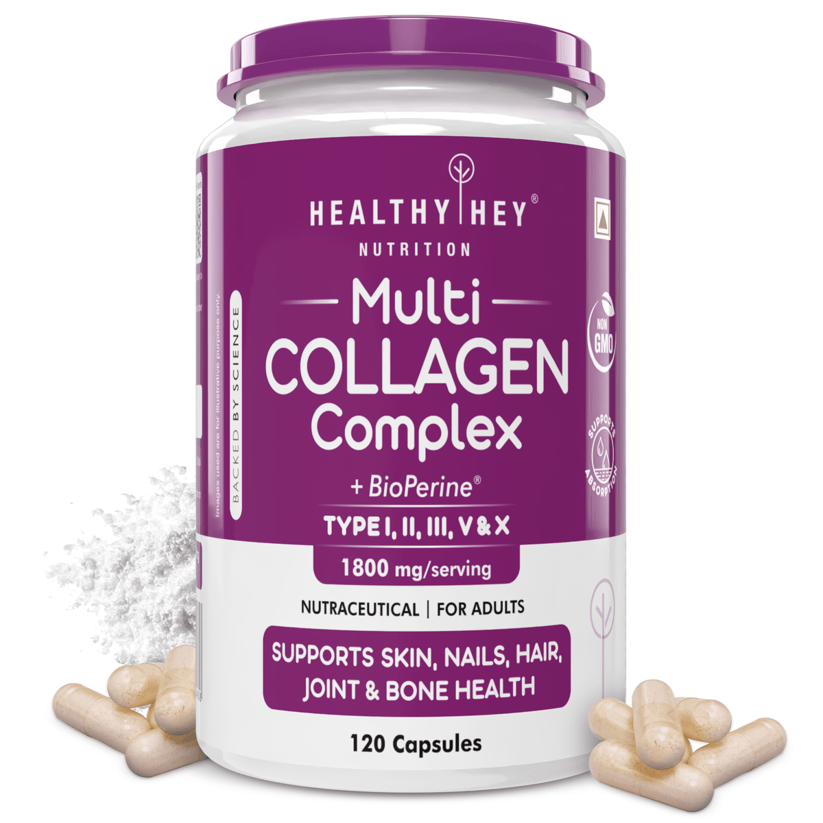 HealthyHey Nutrition Capsule Multi Collagen Complex - Type I, II,III, V & X Support Skin Nails Hair Joint & Bone Health 120 capsules