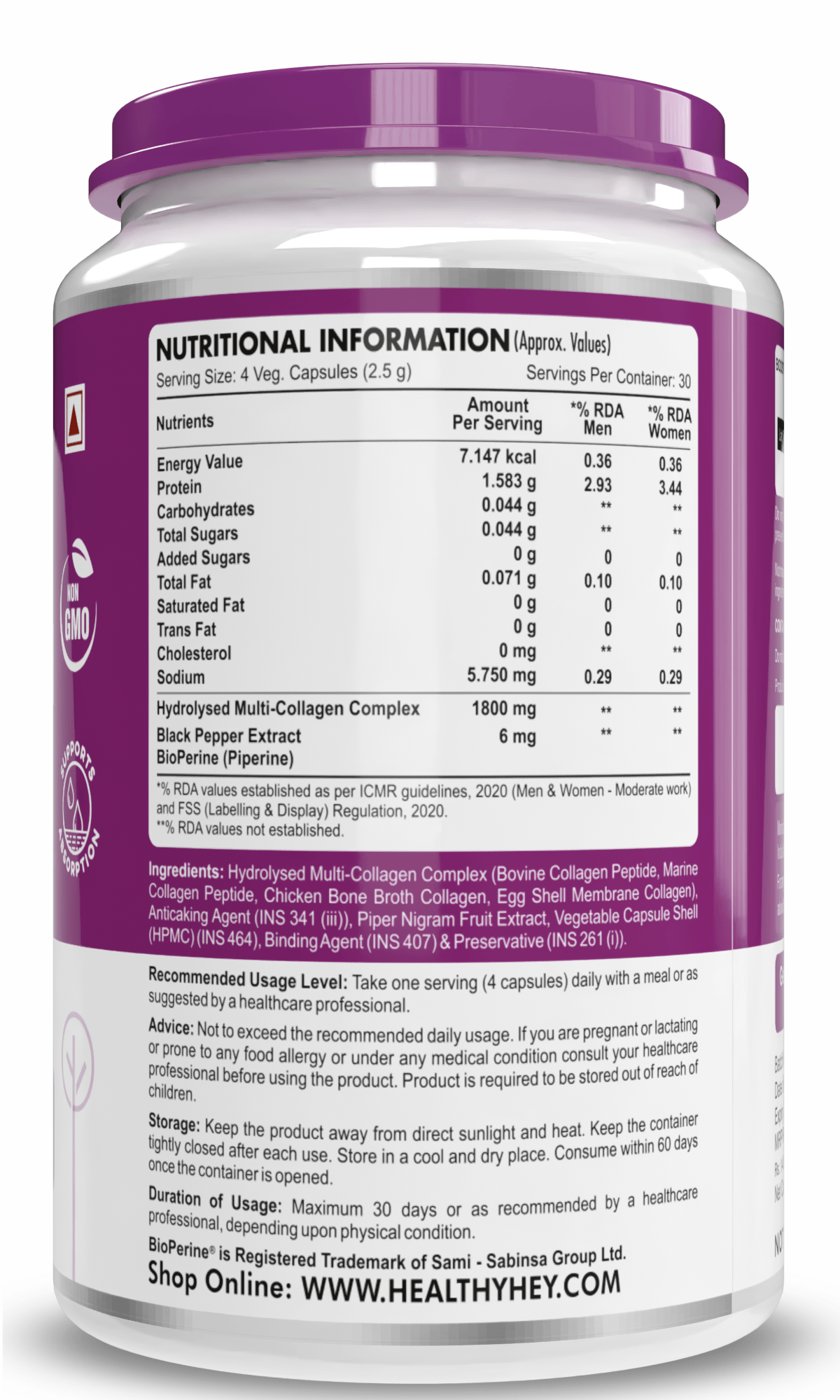 HealthyHey Nutrition Capsule Multi Collagen Complex - Type I, II,III, V & X Support Skin Nails Hair Joint & Bone Health 120 capsules