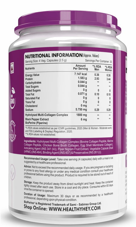 HealthyHey Nutrition Capsule Multi Collagen Complex - Type I, II,III, V & X Support Skin Nails Hair Joint & Bone Health 120 capsules