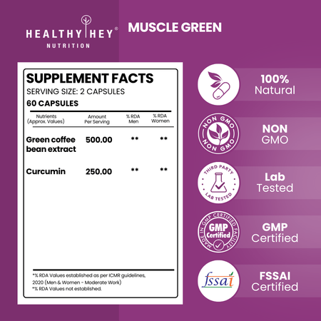 HealthyHey Nutrition Capsule Muscle Green, Support Muscle Recovery - 60 Veg Capsules