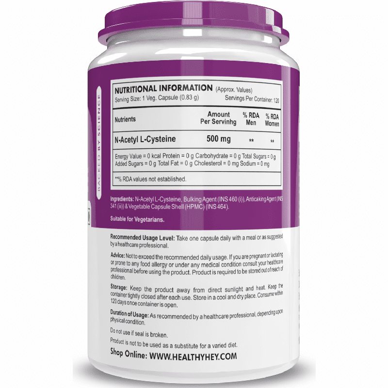 HealthyHey Nutrition Capsule N-Acetyl L-Cysteine, Support Healthy Respiratory function (NAC) - Non-GMO -Gluten Free -Pack of 120 Veg. Capsules