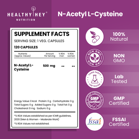 HealthyHey Nutrition Capsule N-Acetyl L-Cysteine, Support Healthy Respiratory function (NAC) - Non-GMO -Gluten Free -Pack of 120 Veg. Capsules
