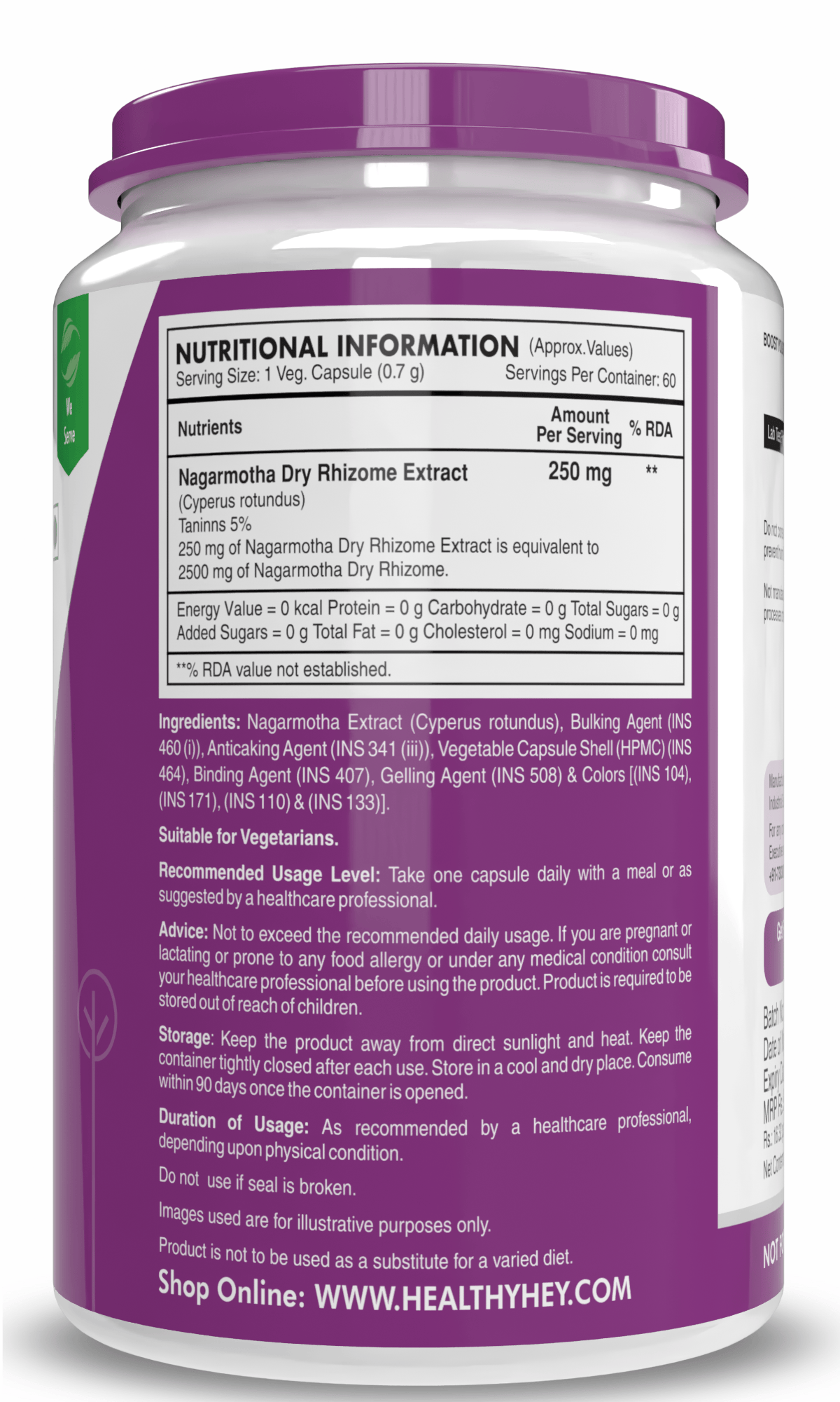 HealthyHey Nutrition Capsule Nagarmotha Dry Extract, Support Anti-Hyperglycemic Activity 10:1,60 Veg Capsules