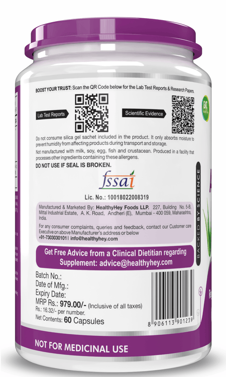 HealthyHey Nutrition Capsule Natural Aloe Vera Extract Leaf Extract,Blood Glucose & Heart Health 10%- Ratio 10:1 -500 mg - 60 Veg Capsules